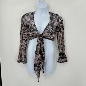 Nasty Girl Shirt Womens size 2 Floral Tie Front Semi Sheer Dainty Fairy Festival